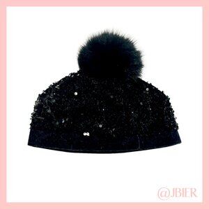 Adrienne Landau Sequin Beret with Fox Fur Pom